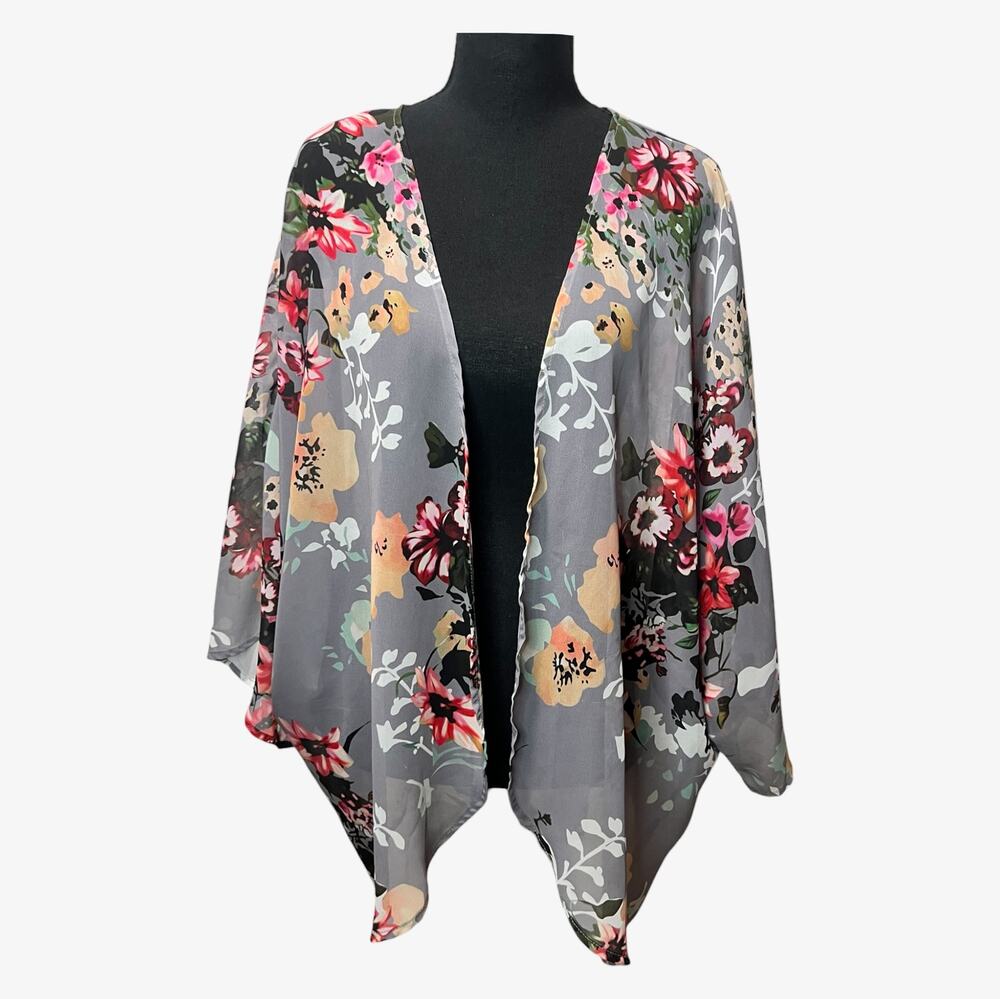 Vintage Sheer Floral Print Open Front Kimono Duster Swim Cover-Up Resortwear